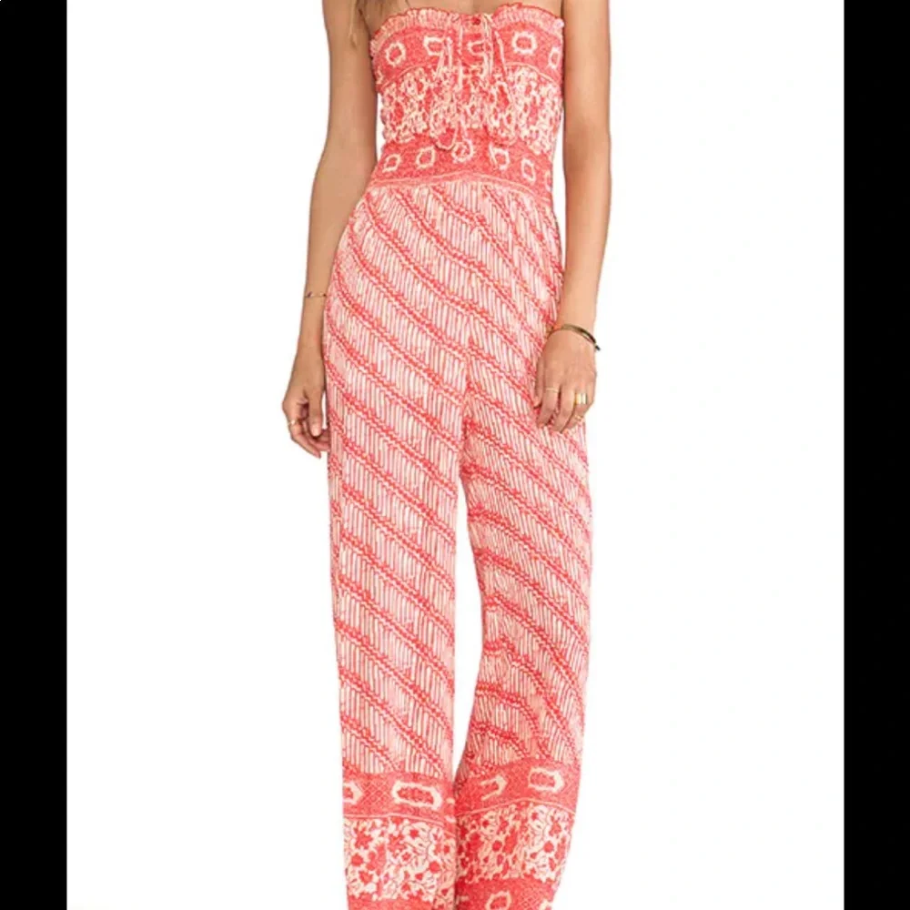Free People Strapless Red Patterned Jumpsuit